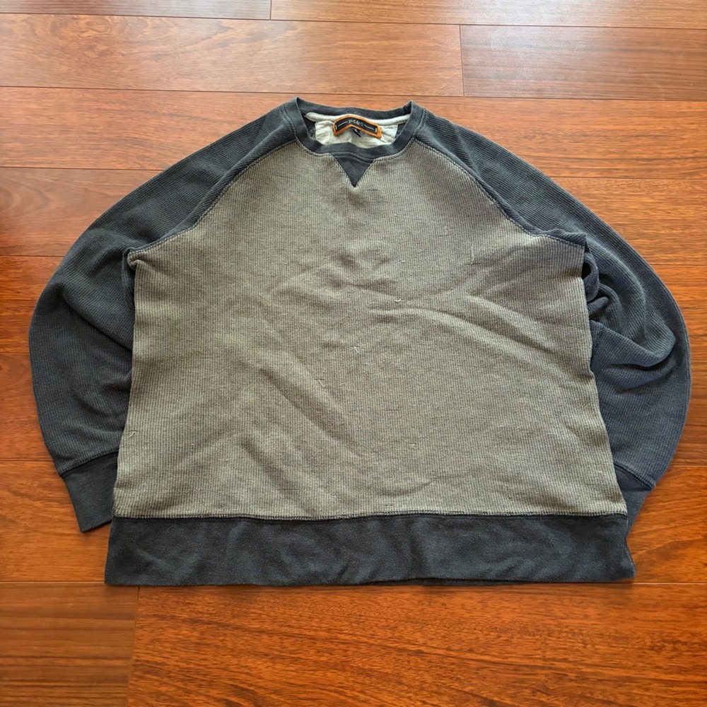 PD&C Vintage Style Waffle Knit Thermal Raglan Sweatshirt Gray Blue Large